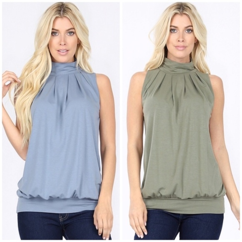 Light Blue High Neck Pleated Top - Picture 3 of 8